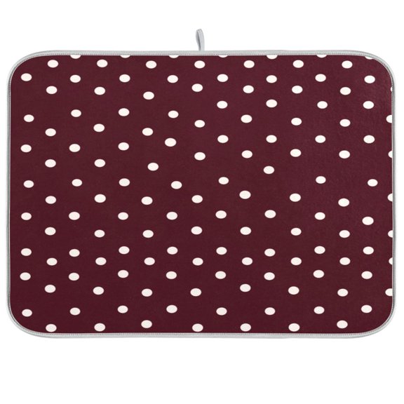 Kitchen Drying Mat Super Absorbent Heat Resistant Reversible & Foldable With Hanging Loop White Dots on A Dark Red Background