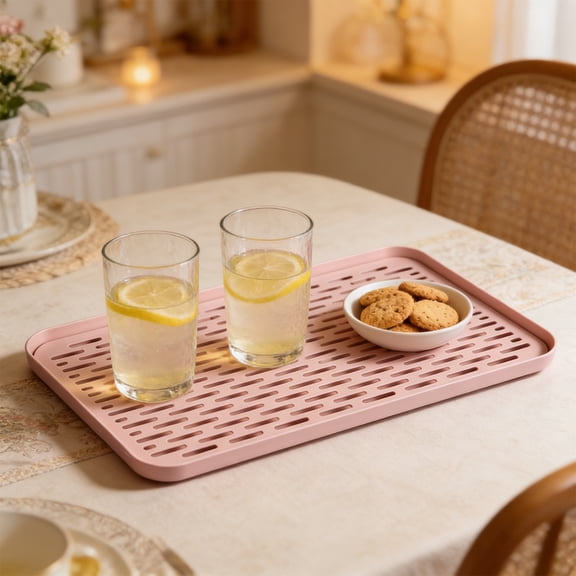 Kitchen Drying Mat with Double Layer Drainage Tray, Food Grade Plastic Dish Drainer for Countertop, Cups, Utensils and Vegetables