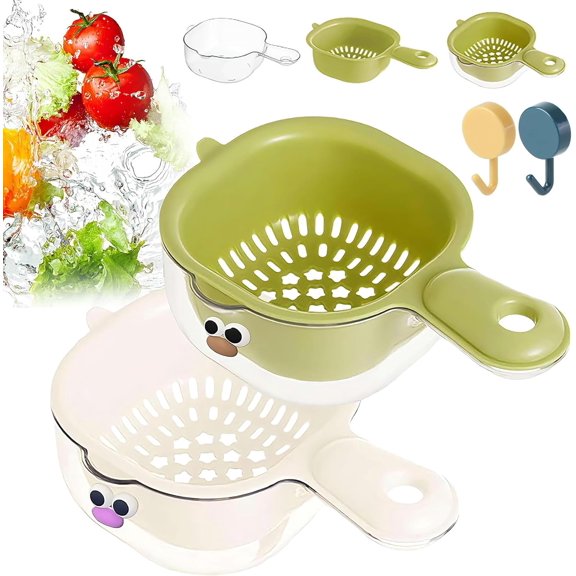 Kitchen Dual-Layer Draining Basket with Handle,Heavy-Duty Thickened Double Layer Fruit & Veggie Washer with Star-Shaped Holes,Secure Lock & Hanging Hook,Ideal Mini Colander for Berries,Tomatoes