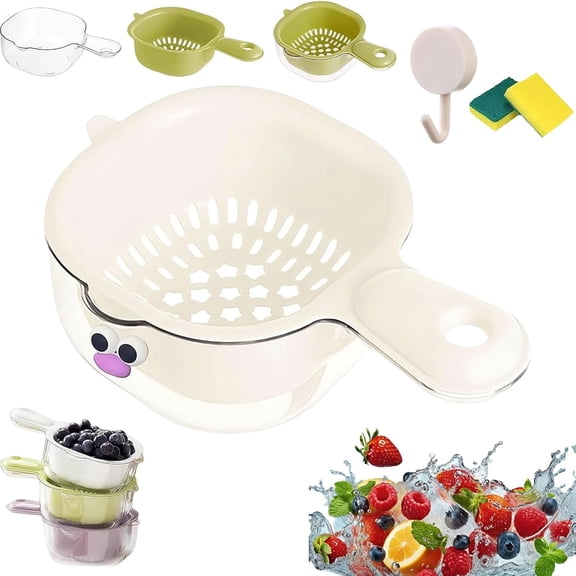 Kitchen Dual Layer Draining Basket with Locking Design,Star-Shaped Perforations,Thickened PP Dual-Layer Rinser Bowl with Handle for Easy Draining and Storage
