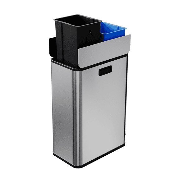 Kitchen Dual Trash Can – 15 Gallon Large Recycling Bin with Butterfly Lid, Fingerprint Resistant Stainless Steel – for Kitchen, Living Room, Office – 2 x 28L