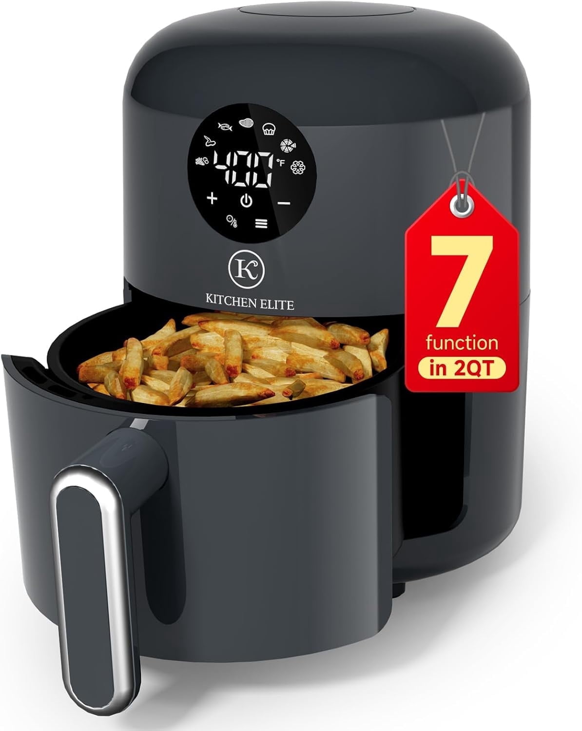 Kitchen Elite® Air Fryer, 7 in-1 Digital Compact Airfryer, Easy for Simple Meals & Snacks with Tray, 90% Less Oil, Nonstick & Dishwasher Safe Basket, 2QT Space Saving, Gray, Beautiful & Convenient