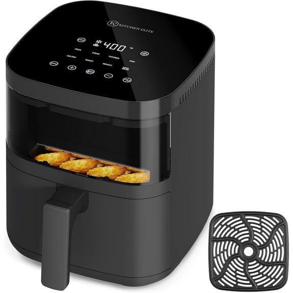 Kitchen Elite Air Fryer with View Window, 8 in 1 Compact Digital Airfryer, 5 °F Precise Control, Saving-Space Design, Nonstick & Dishwasher Safe, Roast, Broil, 1550W, Simple Elegant Gray