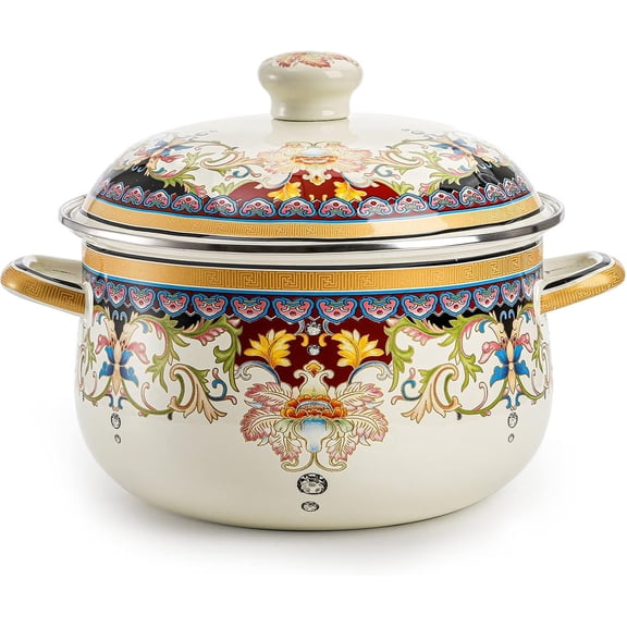 Kitchen Enamel Stockpot with Lid, 3.5 Quart Retro Flower Stew Bean Cooking Pot, Thicken Soup Pot with Handles, Nonstick, Safe for Induction Cookers, Gas Stove