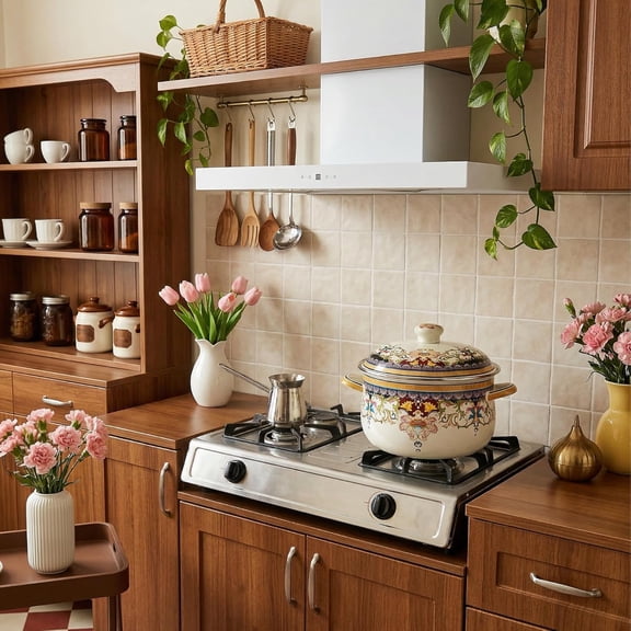 Kitchen Enamel Stockpot with Lid, 4.5 Quart Retro Flower Stew Bean Cooking Pot, Vintage Thicken Soup Pot with Handles, Nonstick, Safe for Induction Cookers, Gas Stove$$Home Decor, Kitchen, & Other