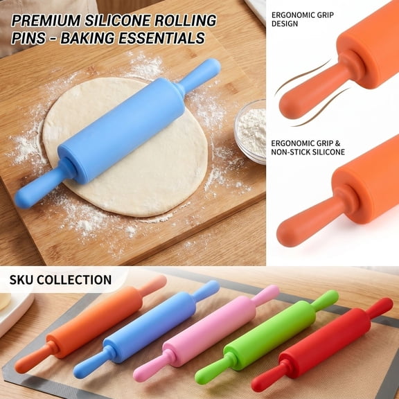 Kitchen Essential Gadget, Pink Small Rolling Pin with Silicone Handle, Lightweight Pizza Roller for Beginner Baker and Kids Baking Projects, Dishwasher Safe Easy Clean Silicone