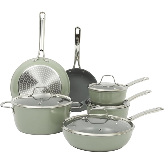 Kitchen Essentials Cool Commune Hard Anodized 10 Piece PFA Free Ceramic Non stick Interior Forged Durable Aluminum Pots and Pans Cookware Set - Green - Induction Compatible