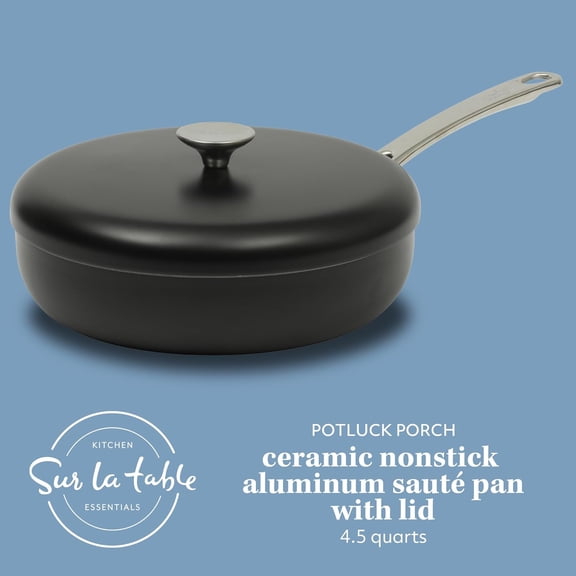 Kitchen Essentials Potluck Porch 4.5 Quart Sauté Pan, Deep Frying Pan Skillet w/Lid Aluminum PFA Free Ceramic Cookware Chef's Pan, Omelet Pan - Induction - Black