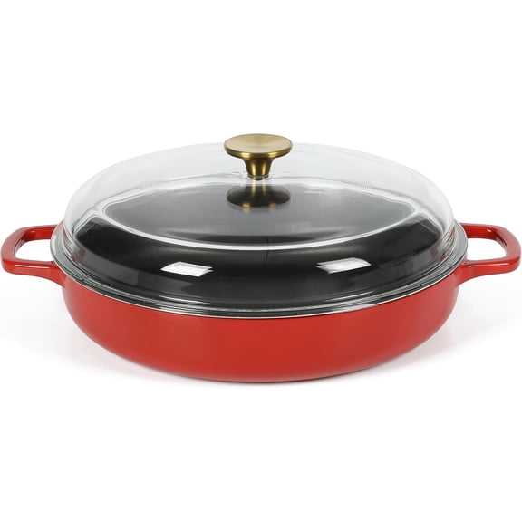 Kitchen Essentials Supper Club 3.75 Quart Enamel Cast Iron All In One Multi-Purpose Non-Toxic Nonstick Braiser Pan W/Borosilicate Glass Lid - Red