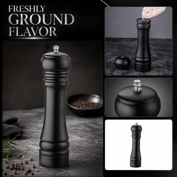 Kitchen Essentials Wooden Pepper Grinder, 8.5 Inch Manual Mill for Freshly Ground Spices & Salt, Black Finish