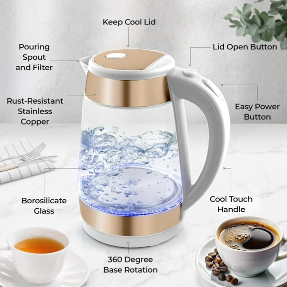 Kitchen Fast Boiling Electric Water Kettle - 1.7L, 1500W, Auto Shut-Off for Overboil & Boil Dry Protection, Cool-Touch Handle, 360 Base - Rapid Teapot Boiler For Coffee & Tea - White Copper