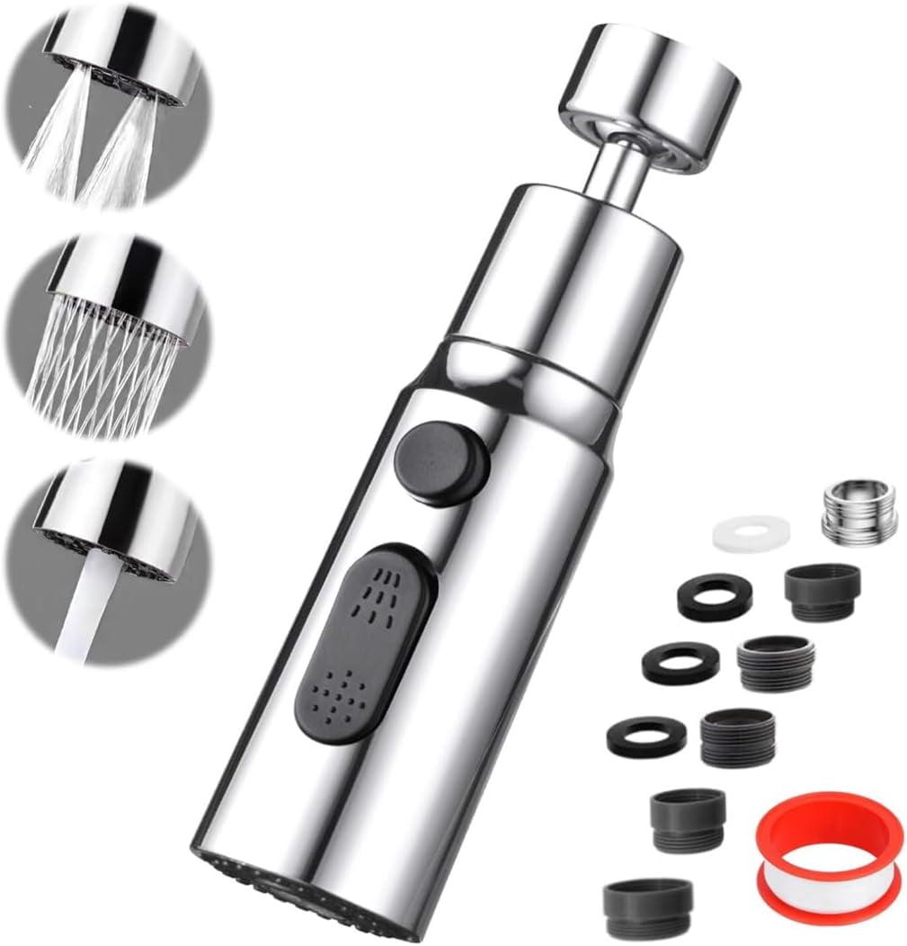 Kitchen Faucet Aerator Splash Proof Spout.3 Function Kitchen Tap Spray Head Attachment.360° Swivel Tap Extender for Kitchen Sink,Tap Accessories (long style)
