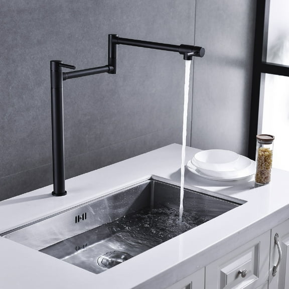 Kitchen Faucet Deck Mounted, Copper Faucet with Extension Shank, 360Rotation Folding Kitchen Sink Faucet, Double Handle Switch, Double Joint Swing Arm,Black