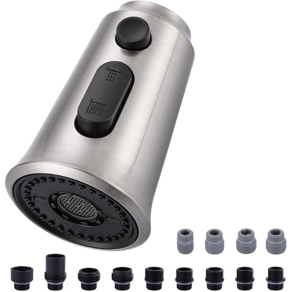 Kitchen Faucet Head Replacement, 3 Function Pull Down Faucet Sprayer Head with 9 Adapters, Brushed Nickel Kitchen Sprayer Nozzle Compatible with Moen, Delta, Kohler Faucets