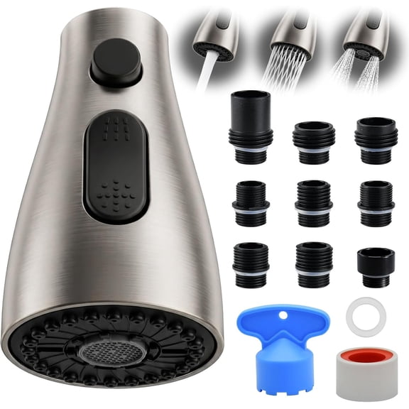 Kitchen Faucet Head Replacement, 3-Function Pull Down Spray Head with 9 Adapters, Sink Faucet Spray Head Compatible with American Standard, Moen, Delta Faucet,etc, Brushed Nickel