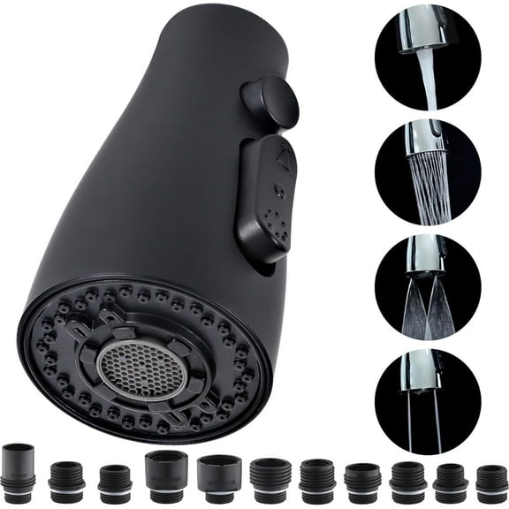 Kitchen Faucet Head Replacement 4 Modes, Pull Down Faucet Sprayer Head Nozzle Kitchen Sink Faucet Head with 11 Adapters（Black）