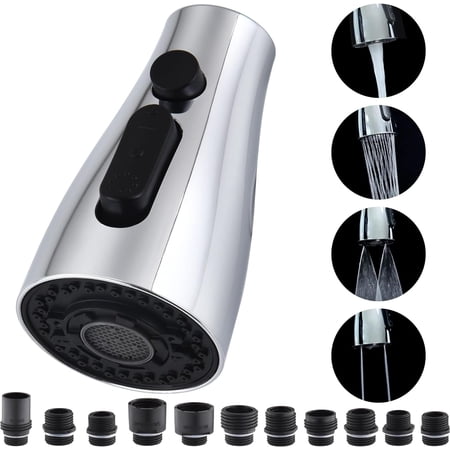 Kitchen Faucet Head Replacement 4 Modes, Pull Down Faucet Sprayer Head Nozzle Kitchen Sink Faucet Head with 11 Adapters