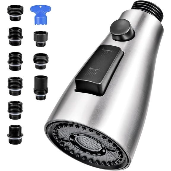 Kitchen Faucet Head Replacement, Premium 3 Function Pull Down Spray Head with 9 Adapters, Kitchen Sink Faucet Head Compatible with American Standard, Moen/Delta Faucets, Brushed Nickel