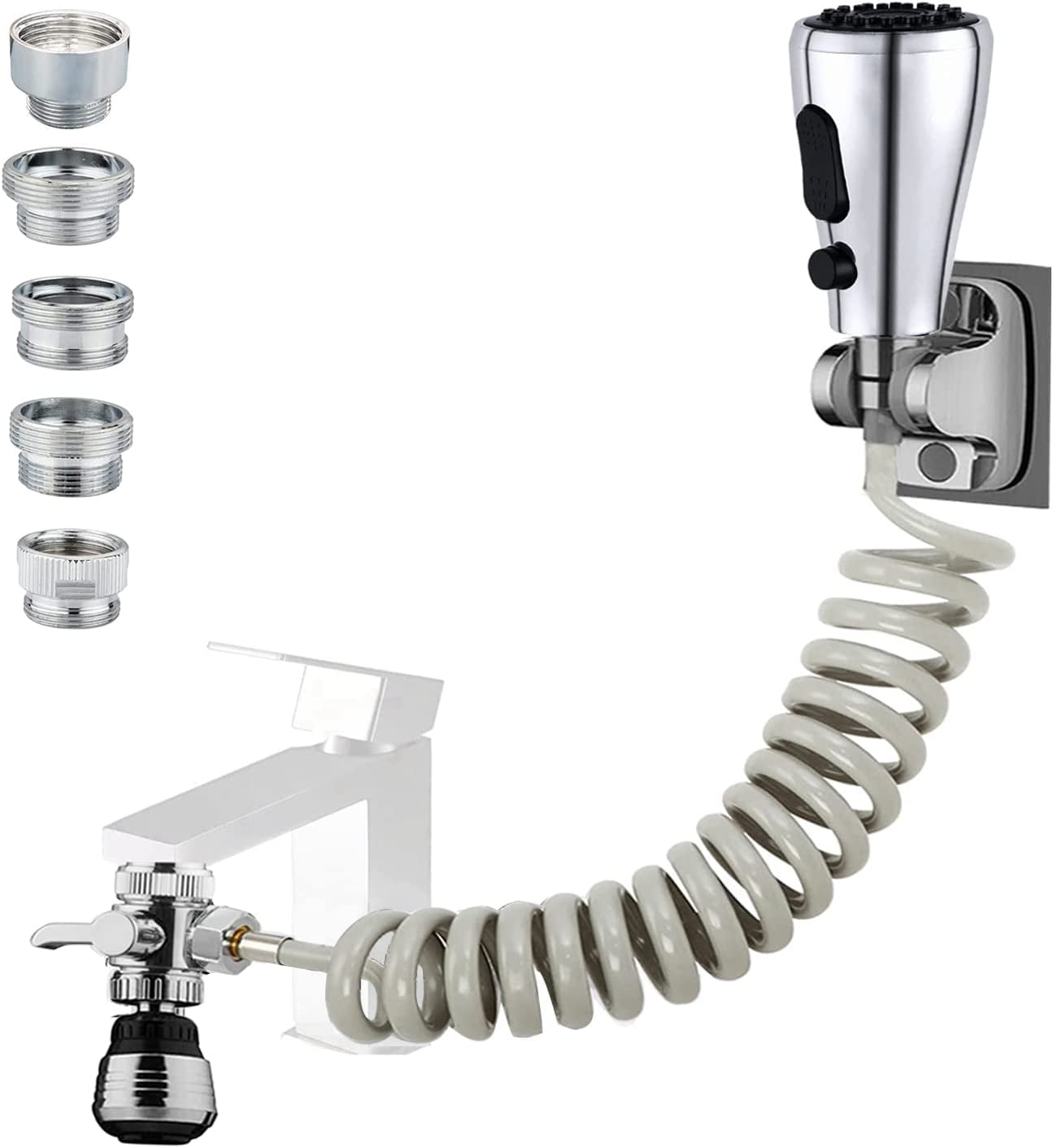 Kitchen Faucet Hose Attachment, Sink Sprayer Attachment with Sprayer Replacement Head, 79” Recoil Hose, Pressurized Faucet Aerator and Diverter Valve (5 Adapters) for Washing Fruit/Dishes, Pet Shower