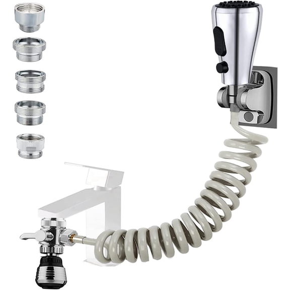 Kitchen Faucet Hose Attachment, Sink Sprayer Attachment with Sprayer Replacement Head, 79” Recoil Hose, Pressurized Faucet Aerator and Diverter Valve (5 Adapters) for Washing Fruit/Dishes, Pet Shower
