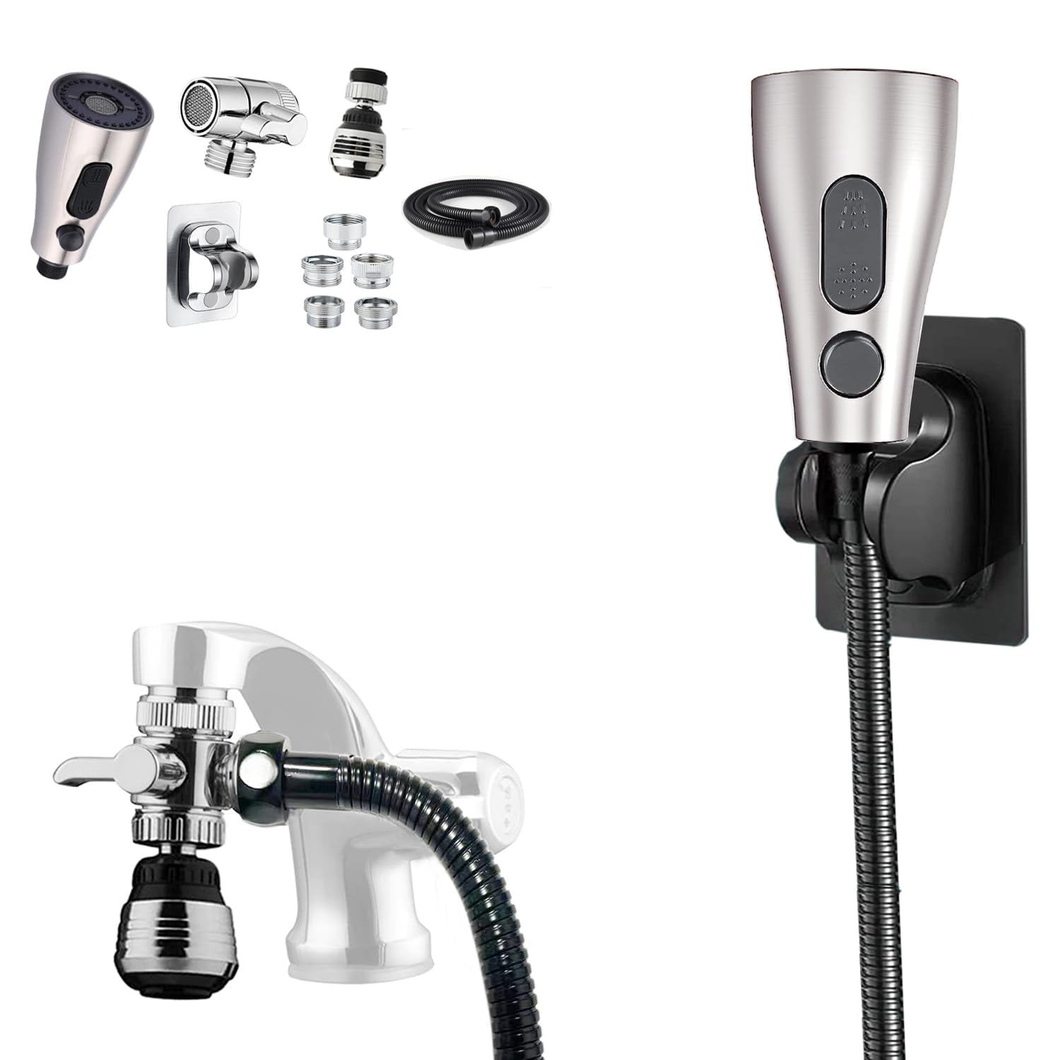 Kitchen Faucet Hose Sprayer Attachment For Tub & Sink  Black Stainless Steel Water Saving Aerator 3-way Diverter Valve