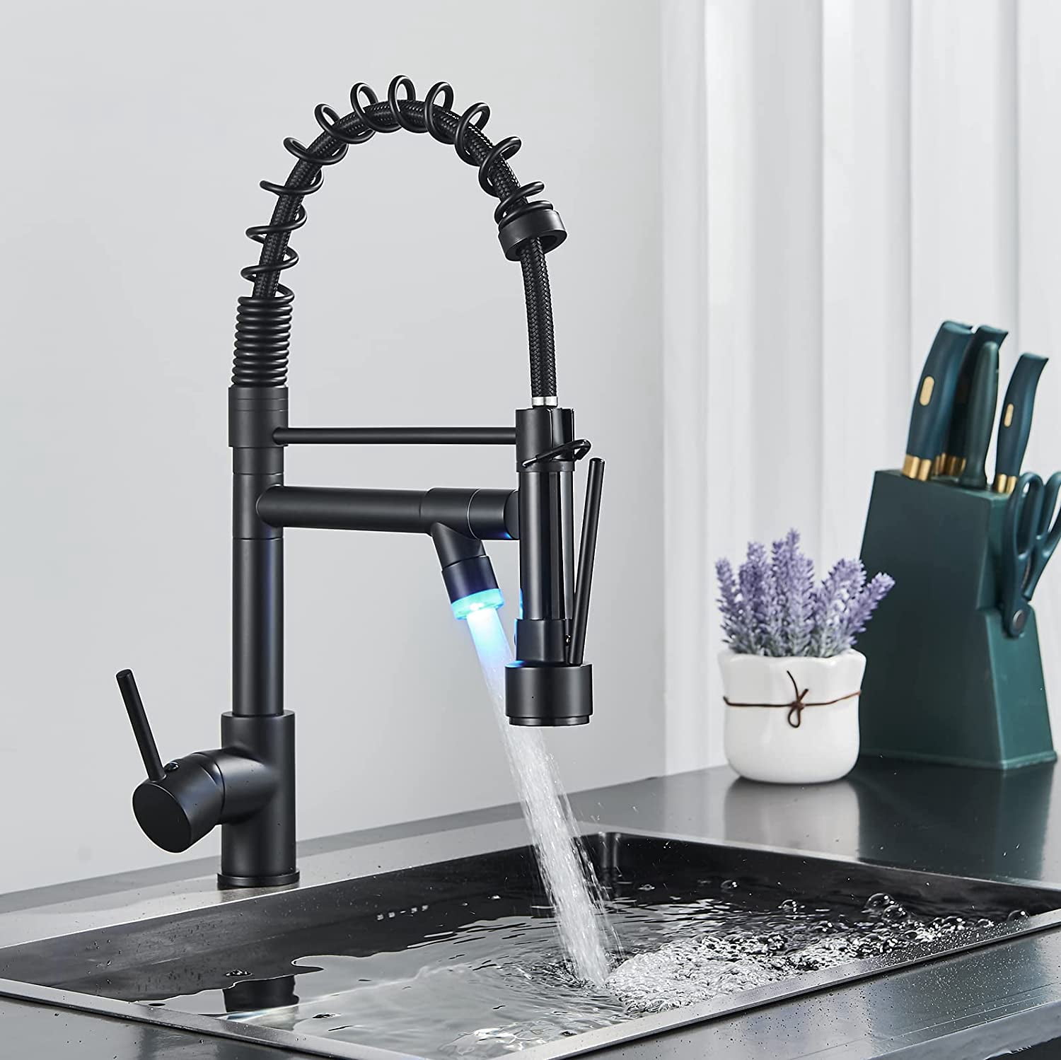 Kitchen Faucet with LED   Stainless Steel Single Handle Single Hole Kitchen Sink Faucet with Pull Down Sprayer, Spring Matte Black Design | Durable & Stylish Kitchen Faucets for Modern Homes