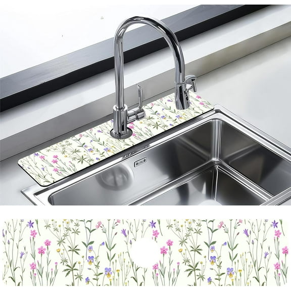Kitchen Faucet Mat Meadow Flowers Kitchen Sink Splash Guard Faucet Mat,1 PC Splash Guard Behind Faucet Drip Catcher for Kitchen,Sink Mat,Dish Drying Mat,Bathroom Faucet Mat 23.5"X5.5"