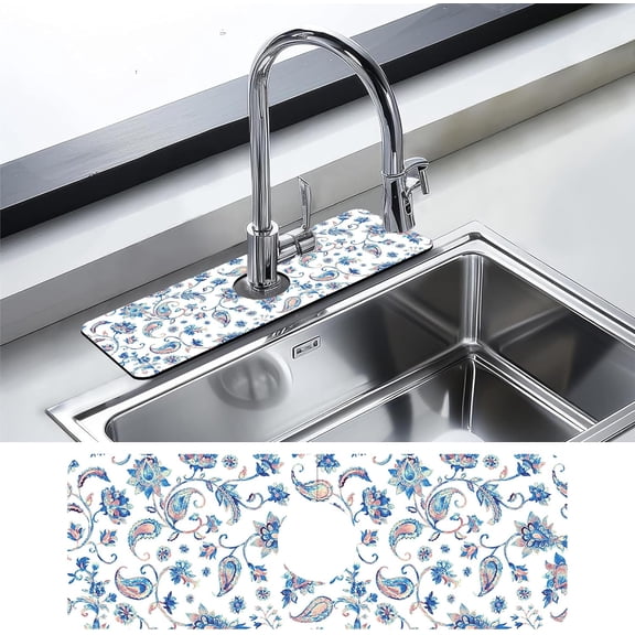 Kitchen Faucet Mat Watercolor Ceramic Floral Kitchen Sink Splash Guard Faucet Mat,1 PC Splash Guard Behind Faucet Drip Catcher for Kitchen,Dish Drying Mat,Bathroom Faucet Mat 15.5"X5.5"