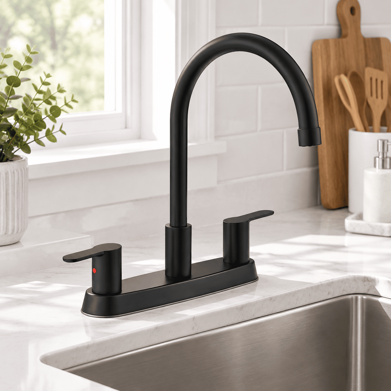 Center Faucet Inlets Kitchen Faucet, Matte Black, 2-3 Hole without Sprayer, 8 Inch Centerset ...