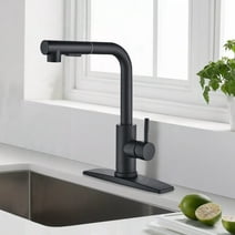 Kitchen Faucet Mattle Black Pull-Out Faucet Single Handle Single Hole Sprayer Mixer Tap Stream Mode with 8'' Square Cover Plate with Inlet PipeHot & Cold Water Lever