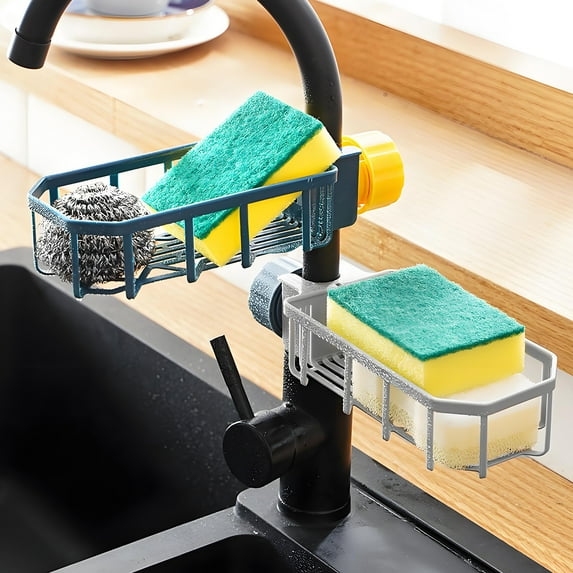 Kitchen Faucet Organizer Basket, Sink Side Sponge and Dish Cloth Storage Rack, Over the Faucet Holder for Sponges, Soap, Brushes, Blue Gray Plastic, 6.69x3.54x1.97 Inches, 1 Pack
