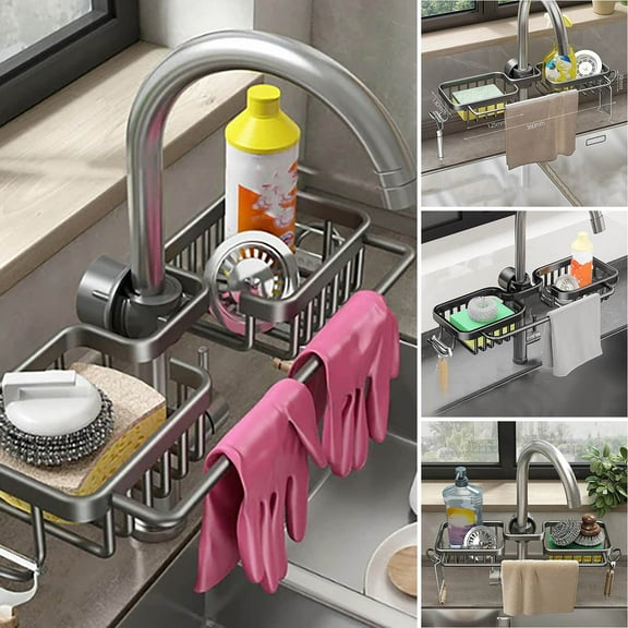 Kitchen Faucet Organizer Rack, Aluminum Alloy Sink Caddy with Drainage Holes for Sponges Brushes Soap Dispenser, Rustproof & Easy Ll No Tools, Multifunctional Storage for Kitchen Bathroom