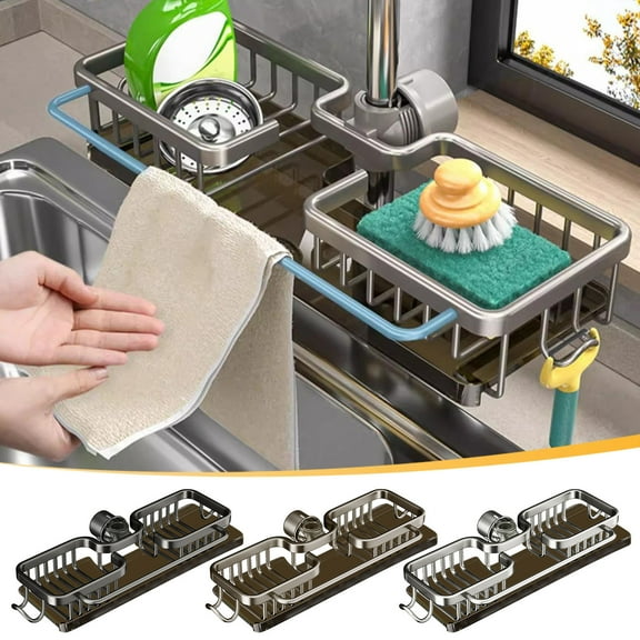 Kitchen Faucet Organizer Rack Space Aluminum | No-Drill Sink Storage Tray With Hooks, Fast-Draining Design, Holds Sponges & Brushes, Easy Install, 13.4 Inch, Silver, Multiroom Use