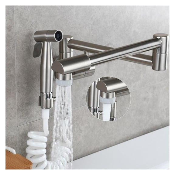 Kitchen Faucet Pot Filler Tap Wall Mounted Single Cold Black Tap Rotation Folding Spout Faucets With Spray Gun Chrome Nickel