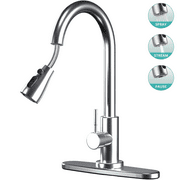 Kitchen Faucet with Pull Down Sprayer Brushed Nickel, High Arc Single Handle Kitchen Sink Faucet with Deck Plate, 304 Level Stainless Steel Kitchen Sink Faucets with Water Lines