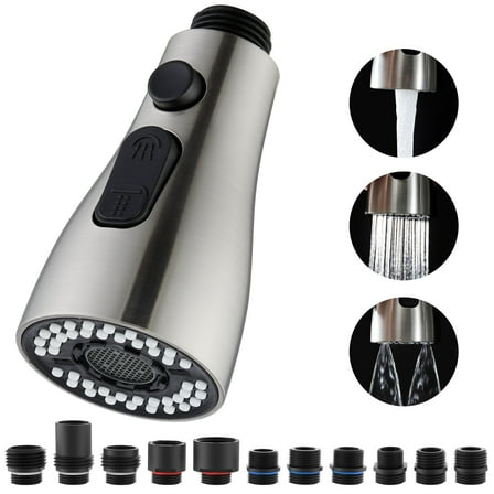 Kitchen Faucet Pull Down Sprayer Head Replacement 3 Functions with 15 Adapters Brushed Nickel