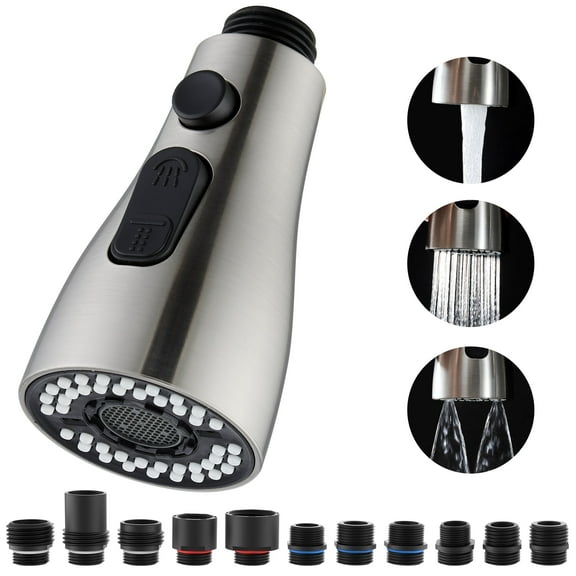 Kitchen Faucet Pull Down Sprayer Head Replacement 3 Functions with 15 Adapters Brushed Nickel
