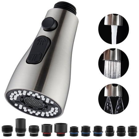 Kitchen Faucet Pull Down Sprayer Head Replacement 3 Functions with 15 Adapters Brushed Nickel