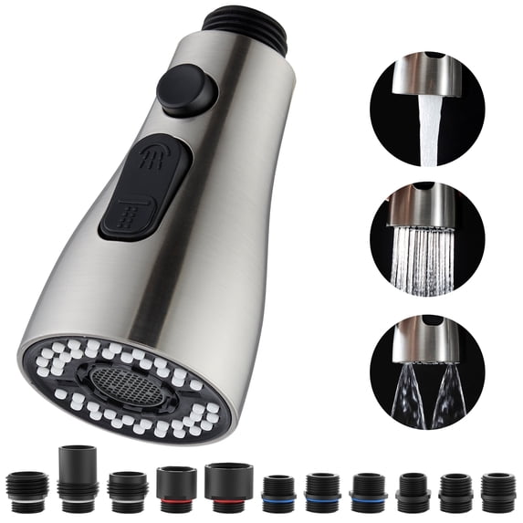Kitchen Faucet Pull Down Sprayer Head Replacement 3 Functions with 15 Adapters Brushed Nickel
