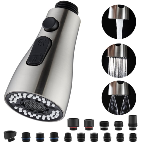 Kitchen Faucet Pull Down Sprayer Head Replacement 3 Functions with 15 Adapters Brushed Nickel