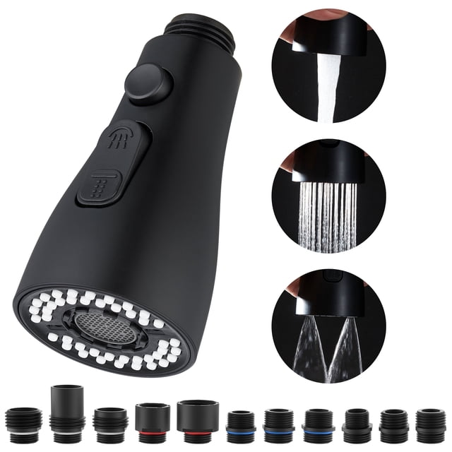 Kitchen Faucet Pull Down Sprayer Head Replacement 3 Functions with 15 Adapters Matte Black