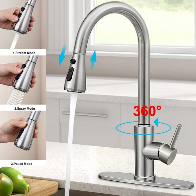 Kitchen Faucet with Pull Down Sprayer,Single Handle High Arc Brushed Nickel Pull Out Kitchen 360