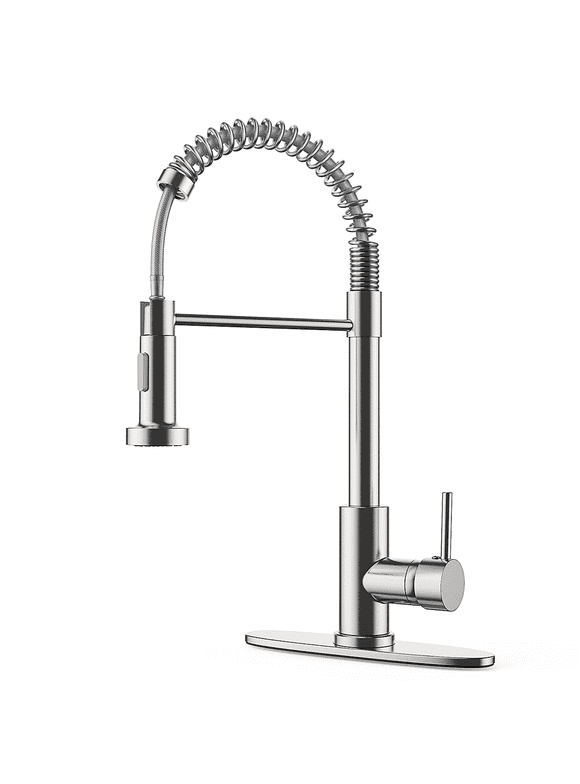 Kitchen Faucet with Pull Down Sprayer, Single Handle Pull Out Spring Sink Faucets for 1 or 3 Hole, Brushed Nickel, Dual Function RV Stainless Steel Kitchen Faucets w/ Water Lines for Farmhouse Laundry