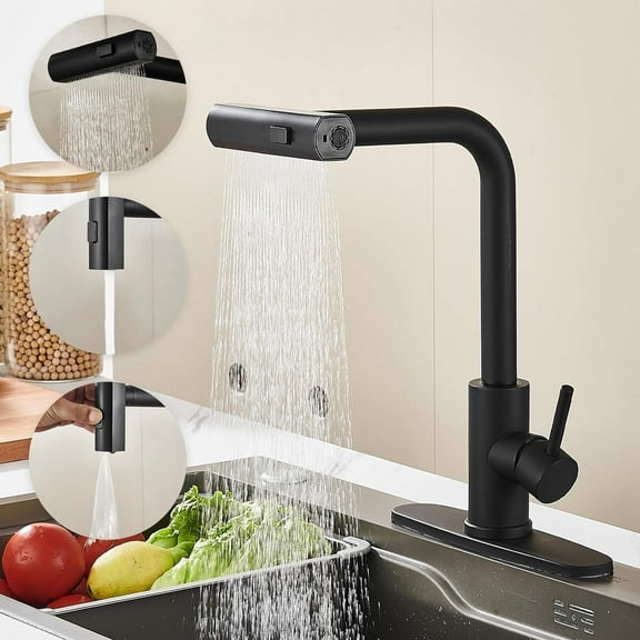 Kitchen Faucets with Pull Down Sprayer Matte Black, 3 Mode Kitchen Sink Faucet with Deck Plate for Farmhouse RV Vessel Basin