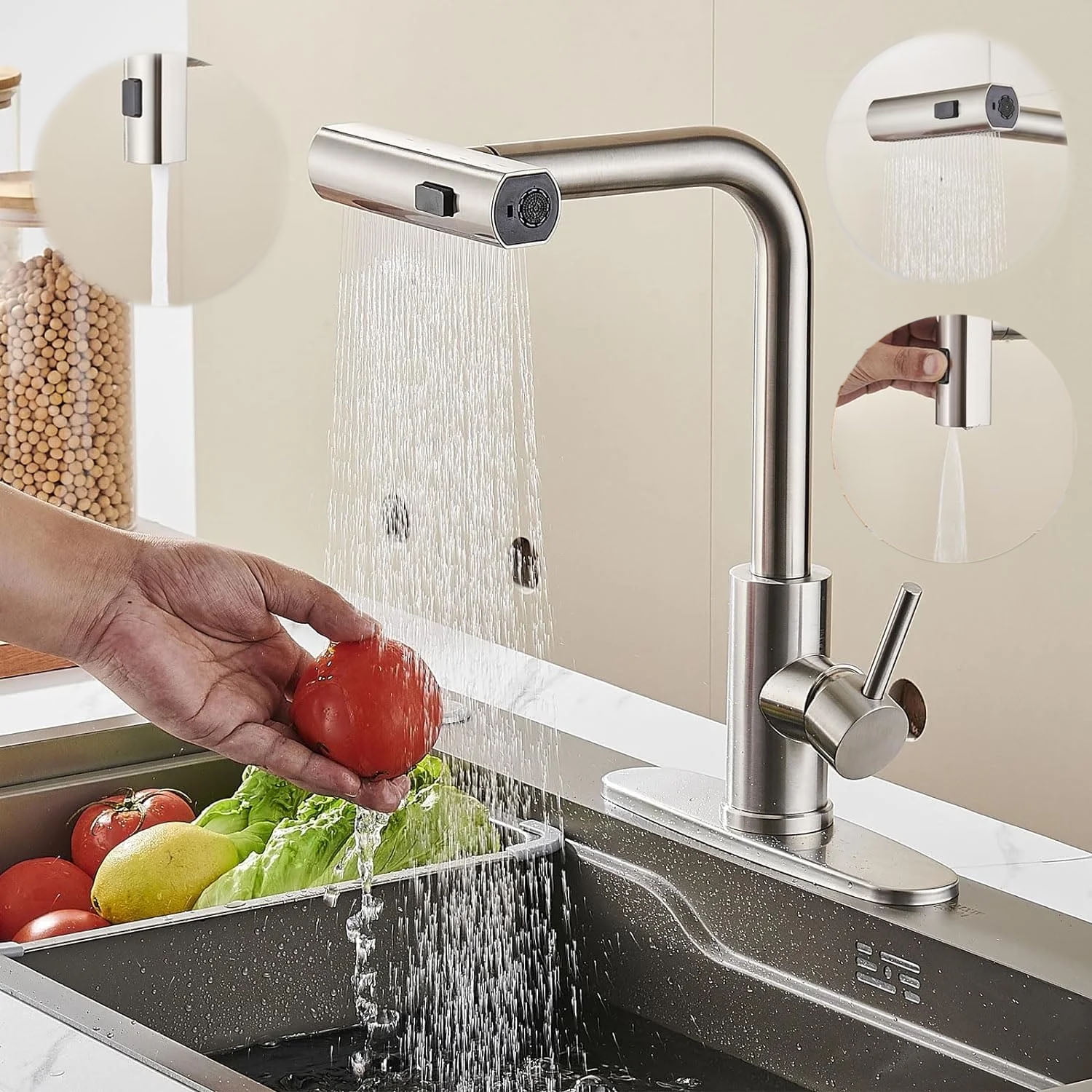 Kitchen Faucet with Pull Down Sprayer, Brushed Nickel Waterfall Touch Single Hole Handle Stainless Steel Kitchen Sink Faucets, Commercial Modern Faucets for Pull-Down Sprayer Kitchen Sinks