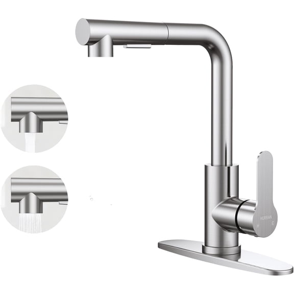 Kitchen Faucet with Pull Down Sprayer and Deck Plate for Sink 1-3 Hole | Stainless Steel Single Handle Commercial Utility Kitchen Faucets Bar RV Camper Laundry Outdoor Farmhouse, Brushed Nickel