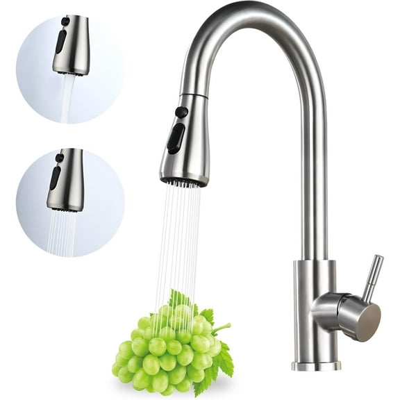 Kitchen Faucet with Pull Down Sprayer, High Arc Brushed Nickel Single Handle Kitchen Sink Faucet, Stainless Steel, 3 Mode(Stream/Spray/Pause), 360 Swivel, Grifos para Fregaderos de Cocina
