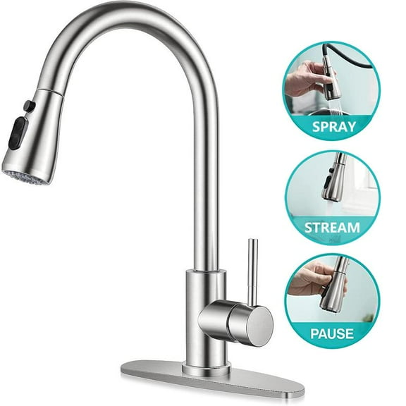 Kitchen Faucet with Pull Down Sprayer, High Arc Single Handle Kitchen Sink Faucets with Pause Button Premium Brushed Nickel with Deck Plate Suit to 1 or 3 Holes Brushed Gold High Arc Kitchen Faucet