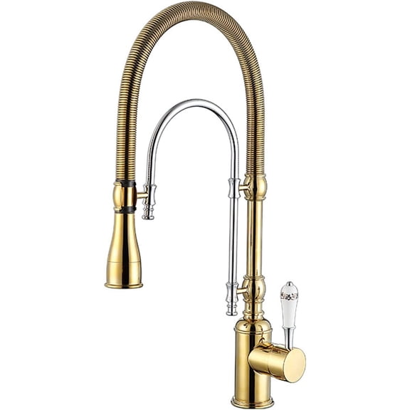 Kitchen Faucet, Single Handle High Arc Swiveling Dual-Mode Pull-Down Sprayer Kitchen Sink Faucet with Porcelain Handle in Polished Gold, Solid Brass Mixer Tap,A