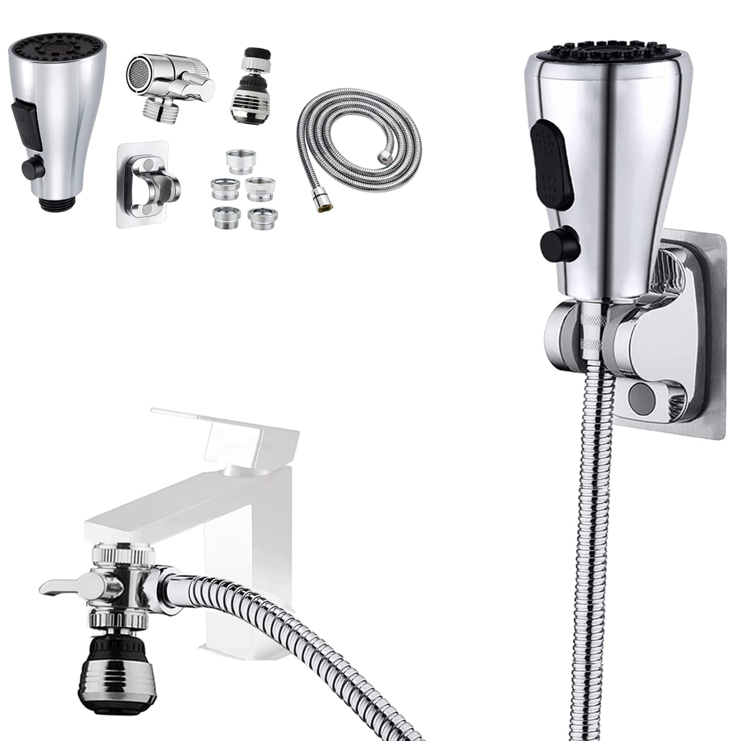 Kitchen Faucet Sink Sprayer Attachment Set 3 Modes Replacement Head With Stainless Steel Hose Aerator And Brass Diverter Valve (5 Adapter) For Washing Fruit Dishes Hair1
